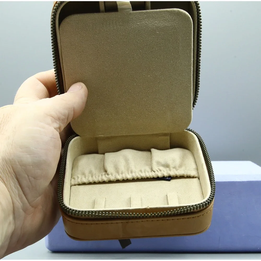 American Leather Co Tan Leather Square Travel Jewelry Box Mirror Monogram A